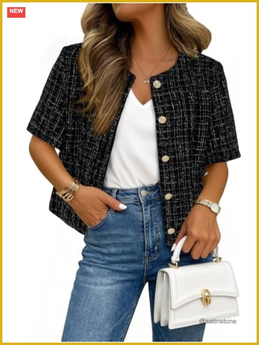 Women's Tweed Blazer Short Sleeve Slim Fit 3D Rose Gold Buttons
